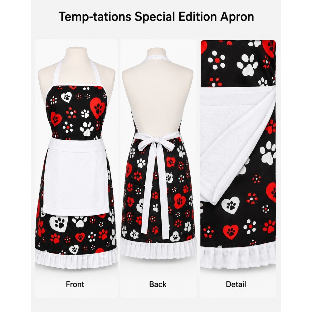 Temp-tations Paw‎ Print Heart Apron with Removable Towel Red Black White Cotton